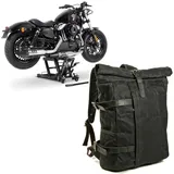 Set: Hebebühne Midlift L bis 680 kg sw ConStands mit Motorrad Rucksack Canvas VR2 Vintage Motorradtasche 20Ltr Retro sw