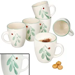 6x Holly Kaffeebecher 320ml Steingut-Tassen 6 Personen Glühwein Tee Mistelzweig