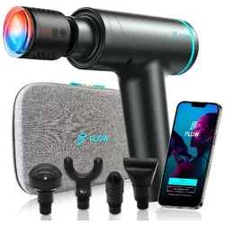 Flow Elite Neon blue Massagepistole Mini mit WÄRMEAUFSATZ / 5 Aufsätze