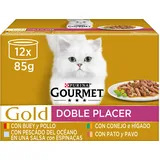 GOURMET Gold Double Placer, Nassfutter für ausgewachsene Katzen, Sauce, Fleisch- und Fischsortiment in Sauce, 8 Packungen mit 12 Dosen à 85 g (96 Dosen)