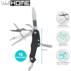 WellHome - Taschenmesser mit 15 Funktionen aus Edelstahl und schwarzem Griff, 9,5 cm