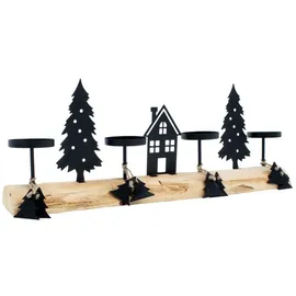 Spetebo Advents Kerzenständer auf Baumstamm mit Schattenbild - 41 cm - Kerzenhalter mit Baum und Haus Silhouetten aus Metall - Weihnachten Tisch Deko Ständer für Stumpenkerzen Kerzenleuchter rustikal