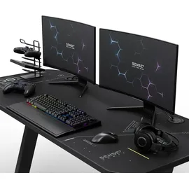 SENSE7 Nomad Cybernetic Gaming Tisch 140x60, PC Tisch mit Kopfhörerhaken, Getränkehalter, Controller Halter, Gaming Computertisch mit Kohlefaseroberfläche, Ergonomischer Gaming Desk