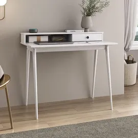 Idimex Schreibtisch MALINA mit Aufsatz & Schublade aus Kiefer Massivholz, weiß - Bürotisch mit Stauraum & konischen Beinen, Stabiler PC-Tisch aus robust... - Weiß