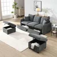 Merax Ecksofa U-Form mit Schlaffunktion und Stauraum, Dreisitzer Sofa-Set mit 2 Hocker – Chenille-Stoff, Metallrahmen, Modular Kombinierbar, Grua - Grau