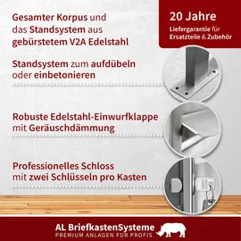 AL Briefkastensysteme 4 Fächer Premium Edelstahl Stand Briefkasten Anlage für Post A4 modern, robust, wetterfest, Artikelnummer: 132V4DZS2