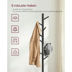 Garderobenständer 175 x 47 x 47 cm, Kleiderständer aus 3,8 cm d Massivholz, robust, Garderobe in Baumform, 8 Haken, 3 verstellbare Höhen, schwarz