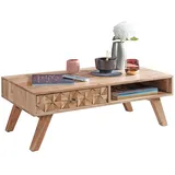 KADIMA DESIGN Moderner Landhaus-Stil Couchtisch, massives Holz, Schublade, Ablagefach, 95x35x50 cm