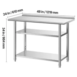Vevor Gasto Arbeitstisch 1219x610x864 mm, Edelstahltisch mit 3 Ebenen & Aufkantung & Höhenverstellbaren Ablagen Belastbarkeit Top 245 kg & 2 Unterablagen je 204 kg Vorbereitungstisch für Restaurant