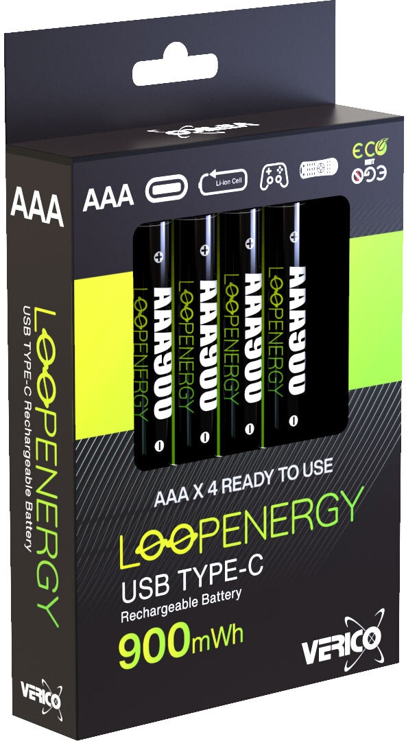 Verico LoopEnergy 4er-Pack AAA Akku-Batterien, Wiederaufladbar über USB-C
