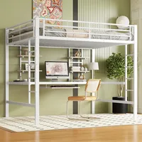 Merax Hochbett 140x200 cm, Bettgestell Metallbett mit Schreibtisch und Bücherregalen, Stabiler Eisenrahmen, Platzsparendes Hochbett für Kinder, Jugendliche und Erwachsene, Weiß