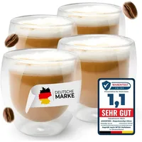 Lemontree Cappuccinotasse 4er Set Cappuccino Tassen - Latte Macchiato Gläser doppelwandig, Gläser Hitzbeständig, moderne Design Kaffeetassen aus Borosilikatglas weiß