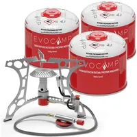 EVOCAMP kompakter Campingkocher 3.2 kW mit Piezo-Zünder, Camping Stove, Mini-Gaskocher - ideal für Camping, Angeln und Outdoor (+3 Kartuschen 300 g)