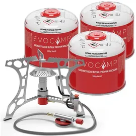 evocamp kompakter Campingkocher 3.2 kW mit Piezo-Zünder, Camping Stove, Mini-Gaskocher - ideal für Camping, Angeln und Outdoor (+3 Kartuschen 300 g)