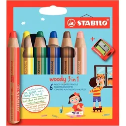 Stabilo woody 3 in 1, im 6er Etui, Multitalent-Stift Buntstift, Wassermalfarbe und Wachsmalkreide in einem