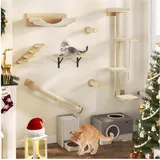 YITAHOME Katzen-Wandmöbel, 7 Teile, Holz, Kletterbaum mit 3 Kratzbäumen, 4 Stufen, Hängematte, Katzentreppe, Wandmontage.