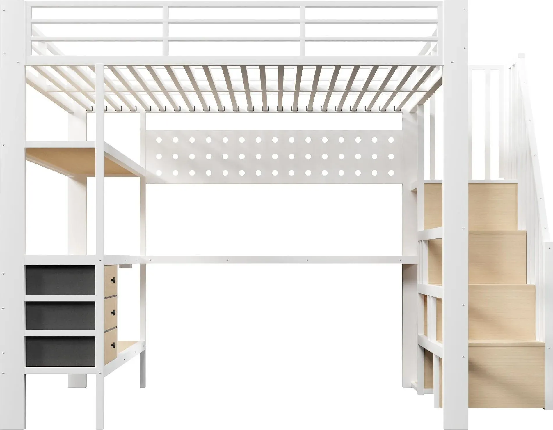 Hochbett 140×200 cm, integrierter Ablage und 3 Schubladen, ohne Matratze, 251x146x170 cm, Weiß
