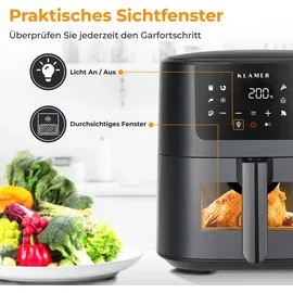 Klamer Heißluftfritteuse 5l XL, Heissluftfritteuse mit Sichtfenster & Schüttel-Erinnerung, Ölfreier 1500W Airfryer mit LED-Touchscreen, digitale... - Schwarz