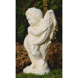 Casa Padrino Skulptur Jugendstil Wasserspeier Skulptur Junge mit Fisch Sandfarben H. 48 cm - Elegante Wasserspeier Stein Figur - Barock & Jugendstil Garten Deko Accessoires