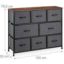 Relaxdays Kommode mit 8 Schubladen, Stoff & Metall, Holzoptik, Sideboard, grau/braun