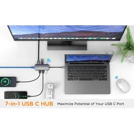 NOVOO USB-C-Hub, 7 in 1, Adapter USB C auf HDMI, 4 K, USB-C-Hub mit Ethernet, 4 x USB, 100 W PD Ladeanschluss, Mulitport Dock USB C Adapter kompatibel mit MacBook Pro MacBook Air