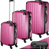 tectake 3 TLG Reisekoffer Set, Hartschalenkoffer Set, Trolley Kofferset, ABS Hartschalen Reisekofferset, Reisetasche, Trolley, Gepäck, Koffer Set, 4 Rollen, 360 Grad drehbar, Teleskopgriff - pink