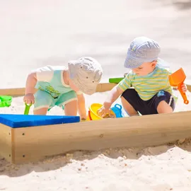 Relaxdays Sandkasten, 4 Bunte Ecksitze, Sandkasten-bausatz, Tannenholz, Sandkiste, Natur, 12 x 90 x 90 cm, Outdoor Spielzeug, Sandkästen