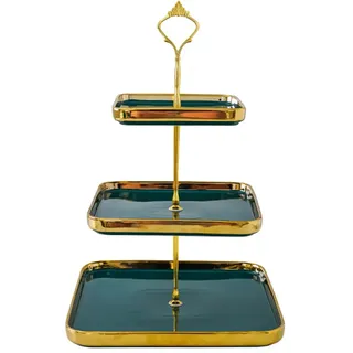 JUMUAO 2/3 Stöckig Etagere aus Porzellan,Obst Etagere Tortenständer,Obstschale Etagere,Servierständer Cupcake Küchen Ständer Party Deko für Weihnachten Hochzeit Geburtstag Babyparty (Grün-3 Etagen)