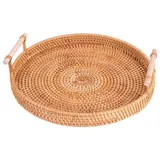 LOKOER Handgeflochtenes rundes Rattan-Tablett, tragbar, für Obst, Snacks, Lebensmittel, Frühstück, Aufbewahrungskorb, Weidenkorb, Organizer mit Griff, 24 cm