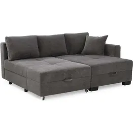 luma-home Ecksofa Schwenkfunktion Doppelbett Schlafcouch Bettkasten Cord in Grau Anthrazit / 15214 - Grau