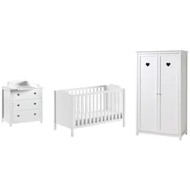 Vipack AMORI 4-tlg Set best. aus: Babybett 60x120 cm, Kommode m. 3 Schubladen, Wickelaufsatz, Kleiderschrank 2-trg., weiß lackiert