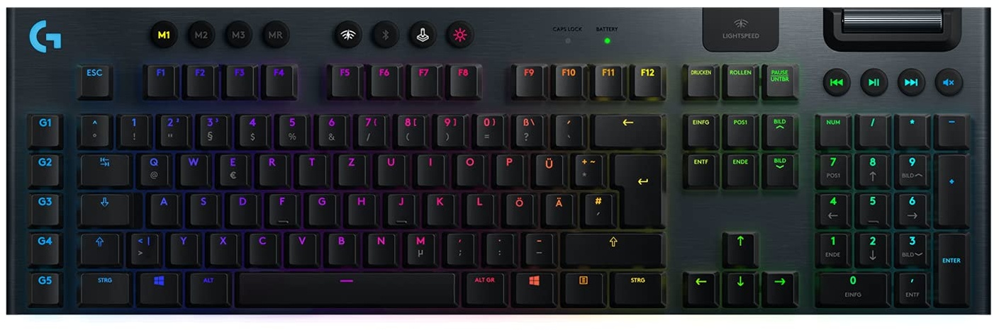 Logitech G915 LIGHTSPEED kabellose mechanische Gaming-Tastatur, Taktiler GL-Tasten-Switch mit flachem Profil, LIGHTSYNC RGB, Ultraschlankes Design, Deutsches QWERTZ-Layout - Carbon