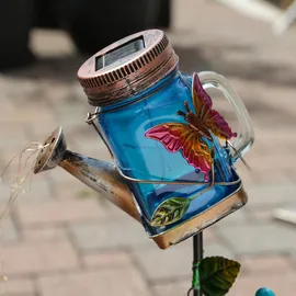 MARELIDA LED Solar Gießkanne mit Schmetterling Wasserfalleffekt Gartenstecker Solarglas