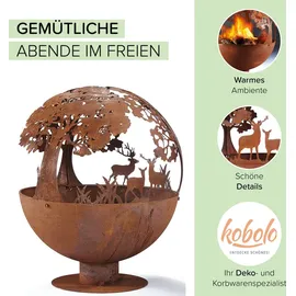 Kobolo Feuerschale Feuerkorb FOREST Kugelform rund mit Motiv - Metall Rostoptik 50x50x60cm Durchmesser 50cm