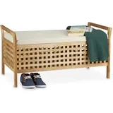 Relaxdays Sitzbank Walnuss mit Stauraum HxBxT:46,5x92,6x49cm, Holz, Sitzkommode mit Leinenauflage, natur/weiß