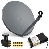PremiumX Satelliten-Komplettanlage 80cm Satellitenschüssel Multischalter 5/6 Quattro LNB 20x F-Stecker, 1 SAT für 6 Teilnehmer
