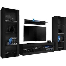 komodee Wohnzimmerset, Schwarz, Schwarz, Holzwerkstoff, 9 Fächer, Rechteckig, 250x159x35 cm, Wohnzimmer, Wohnwände, Wohnwand-Sets