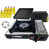 Phönix PC-20 Edelstahl Camping Gaskocher + Grillplatte + 8x Kartuschen