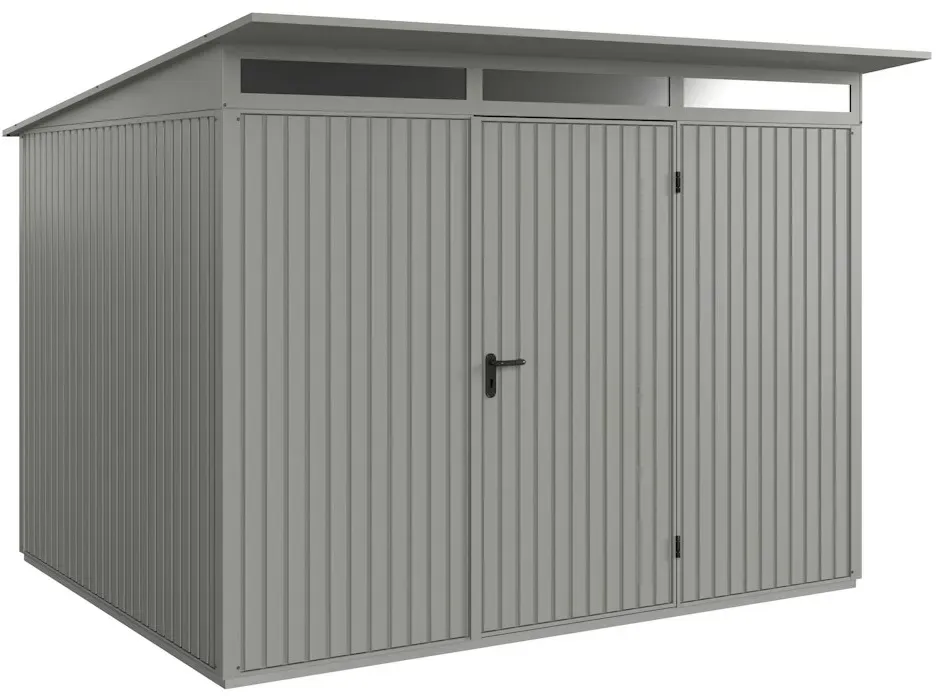 Hörmann Metall-Gerätehaus Berry mit Pultdach B 302 x T 238 cm (Typ 3), Motiv Classic (mit schmalen Lamellen), Einzeltür Türanschlag rechts, Graualuminium (RAL 9007)