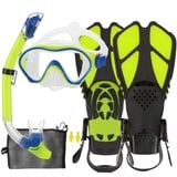 HH HHAO SPORT Schnorchelset Kinder mit Flossen, 180° Anti-Fog Panorama Weitblick Taucherbrille Kinder, Verstellbaren Schwimmflossen, Hochwertige Tauchermaske und Dry Top Schnorchel für Schwimmen