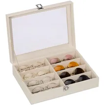 Relaxdays Brillenbox, 8 Brillen, Lederoptik, Samtbezug, Glasfenster, HxBxT: 8,5 x 33,5 x 24,5 cm, Brillenkoffer, weiß