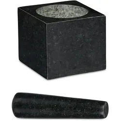 Relaxdays Granit Mörser mit Stößel, eckig, langlebig, Gewürze, Kräuter, 9,5x11x11cm, 250 ml, polierter Steinmörser, grau