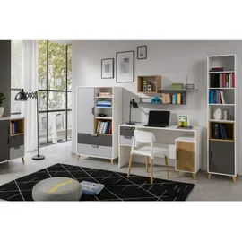 Deine Möbel 24 Kinderschreibtisch JUSTIN 13 Schreibtisch 130 cm breit (Set, 3-St., Set), in Weiß Matt / Graphit / Grau / Eiche Scandi Still grau