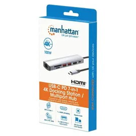 Manhattan 7-in-1 4K USB-C PD Dock 153966 laptop-dockingstation & portreplikator Kabelgebunden USB 3.2 Gen 2 (3.1 Gen 2) Type-C Silber