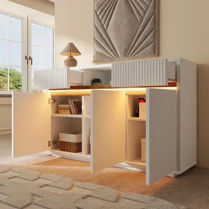 Sideboard Weiß mit LED 140x40x85 cm, Kommode mit 2 Schubladen und 3 Türen, Schrank mit verstellbaren Einlegeböden, moderner Wohnzimmerschrank Flur Küchenschrank