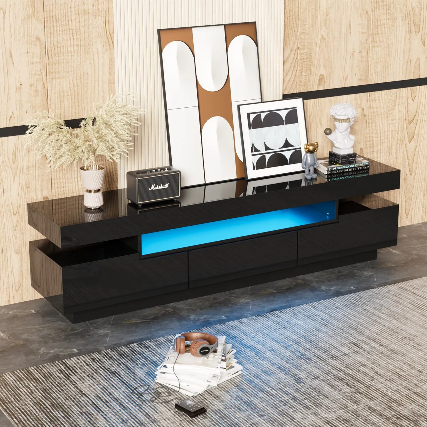WISHDOR Lowboard Fernsehtisch (großer Stauraum, TV-Schrank mit farbwechselnder LED-Lichtleiste), mit Schublade und Klapptüren, 160*42*35cm schwarz