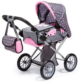 Bayer Design 13666AA Puppenwagen City Star mit Tasche, höhenverstellbarer Griff, wandelbar als Puppenjogger, herausnehmbare Tragetasche, integrierter Korb, Grau, Rosa
