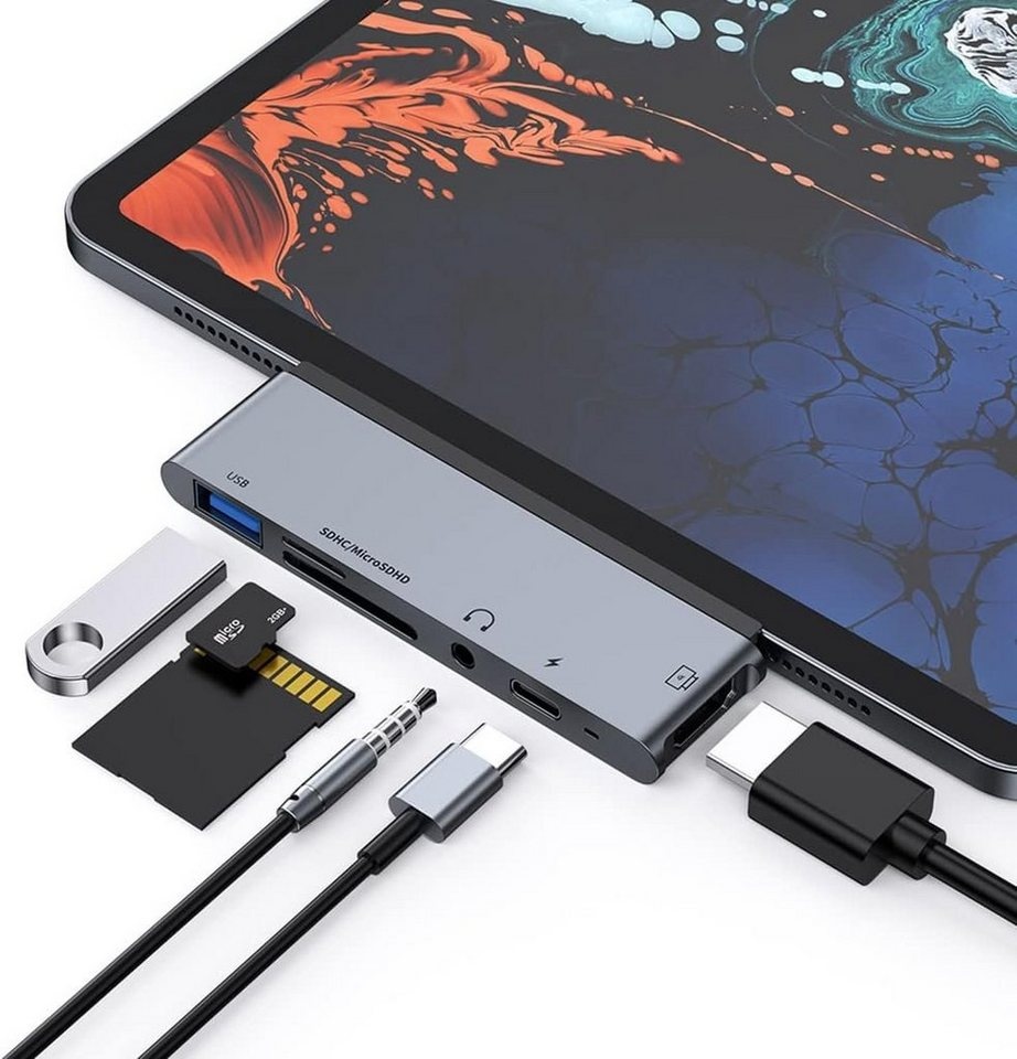 Vivitar USB-Verteiler USB C Hub 6 in 1 Typ C Adapter Kompatibel mit USB-C-Laptops (Smartphones und Tablets- mit 4K HDMI, USB 3.0, SD/TF Kartenleser, 3,5 mm Audioanschluss, 60W PD Ladeport für iPad Pro 2018, 2019, 2020, 2021, 2022, 2023), und anderen Geräten mit USB-C-Anschlüsse