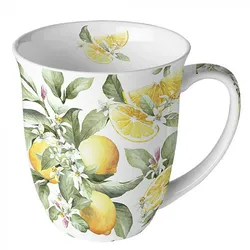 Tasse 10cm Porzellan mit Zitronen Motiv - 0,4L Keramiktasse Porzellangeschirr Kaffeetasse Teetasse Kakaotasse Sommergeschirr Früchtemotiv Gelb Weiß