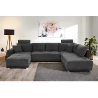 Wohnlandschaft JOCKENHÖFER GRUPPE "Orlando U-Form" Sofas Gr. B/H/T: 337cm x 69cm x 180cm, Luxus-Microfaser-Chenille, Ottomane beidseitig montierbar, mit Bettfunktion mit Bettkasten, grau (dunkelgrau) mit Federkern, Bettfunktion und Bettkasten, inklusive 2 Kopfstützen